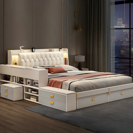 Upholstered White Wingback Bed with Storage and Drawers Image - 2