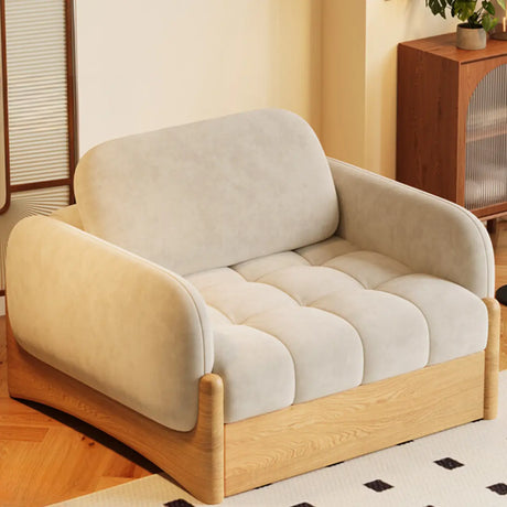 Versatile Beige Twin Curved Arms Wood Frame Cushion Futon Image - 1