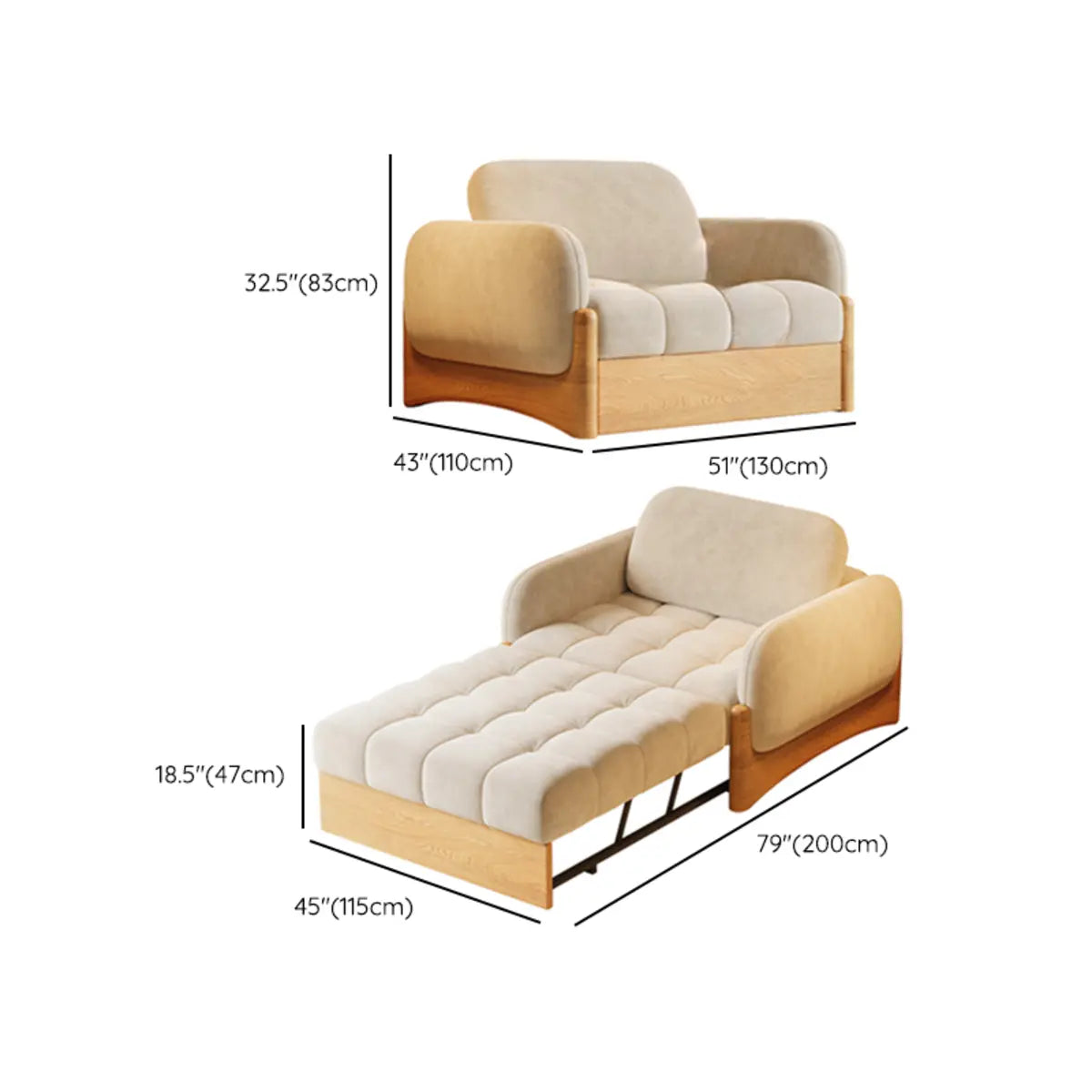 Versatile Beige Twin Curved Arms Wood Frame Cushion Futon Image - 10