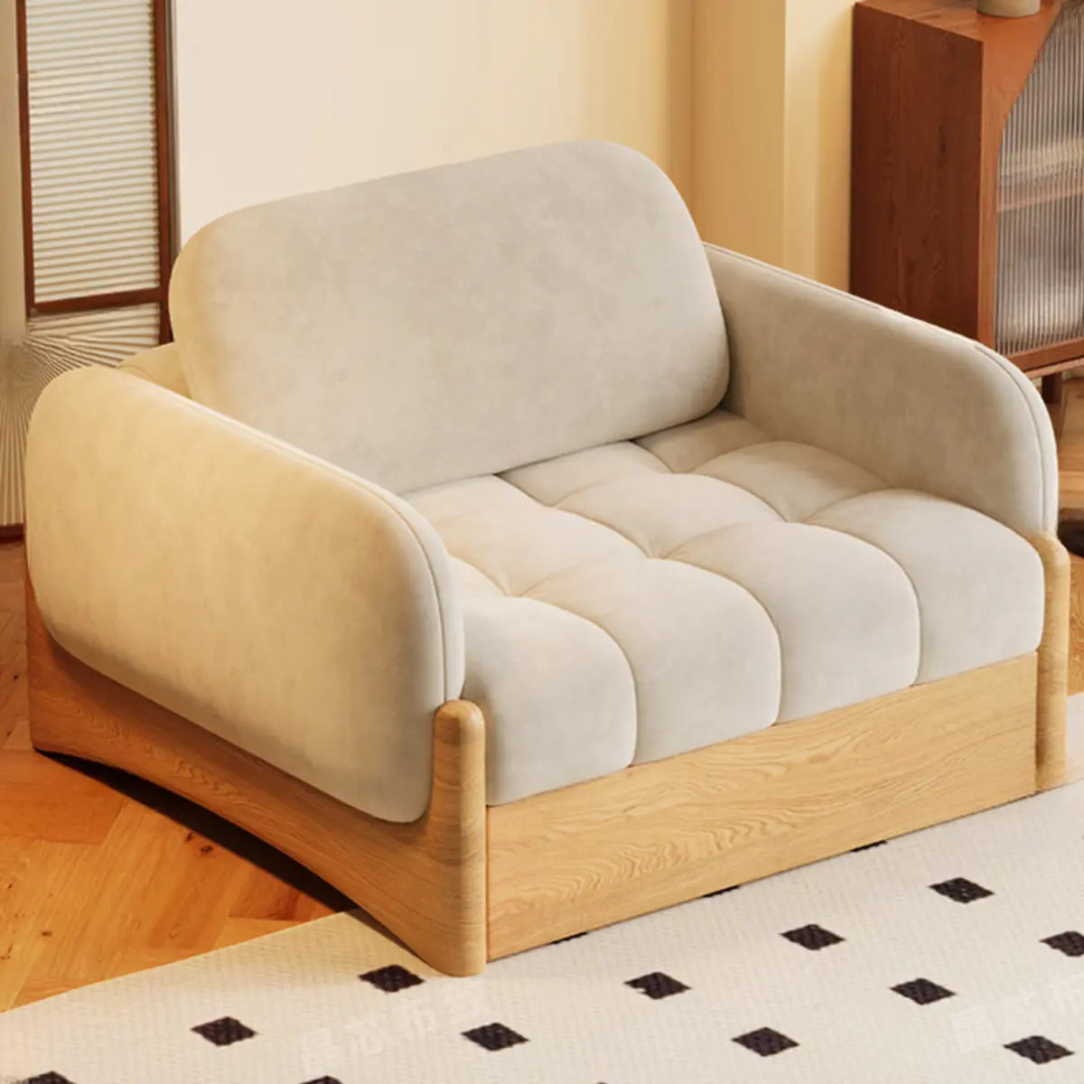 Versatile Beige Twin Curved Arms Wood Frame Cushion Futon Image - 6