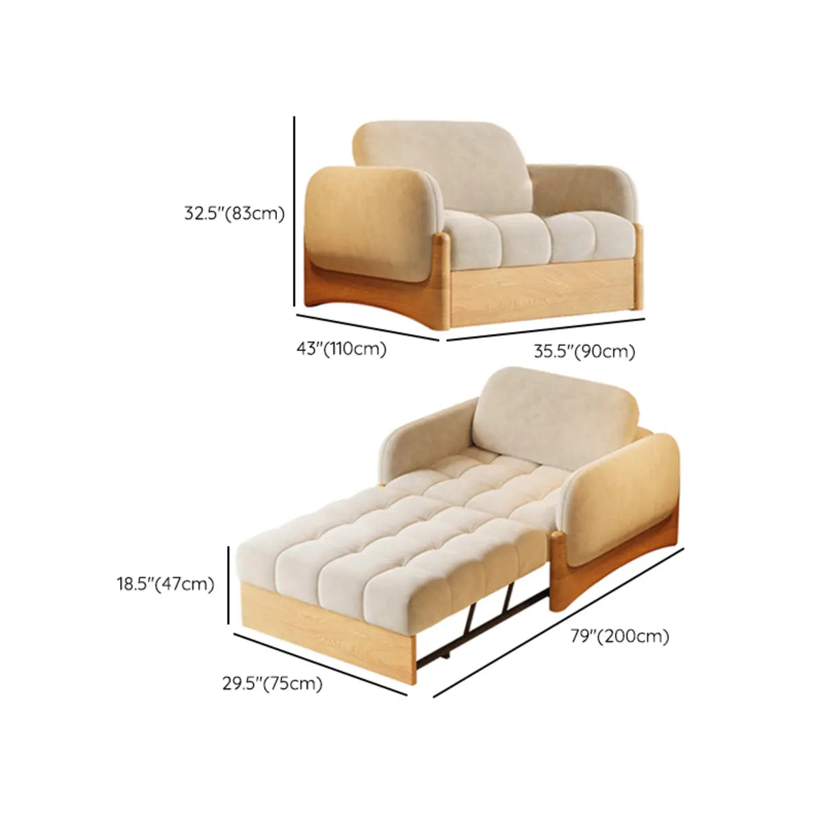 Versatile Beige Twin Curved Arms Wood Frame Cushion Futon 