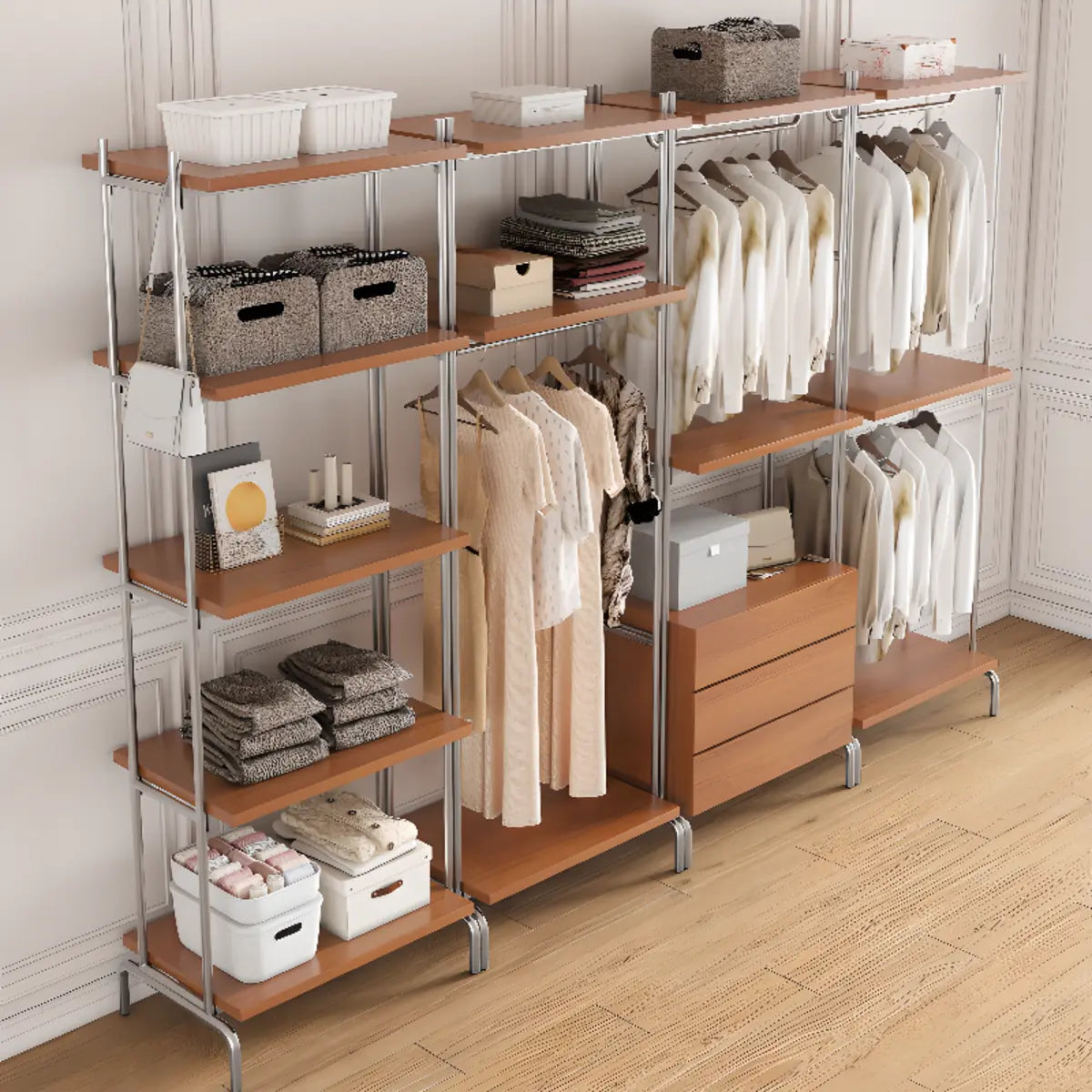 Versatile Metal and Wood Brown Drawers Shelves Coat Rack Image - 19