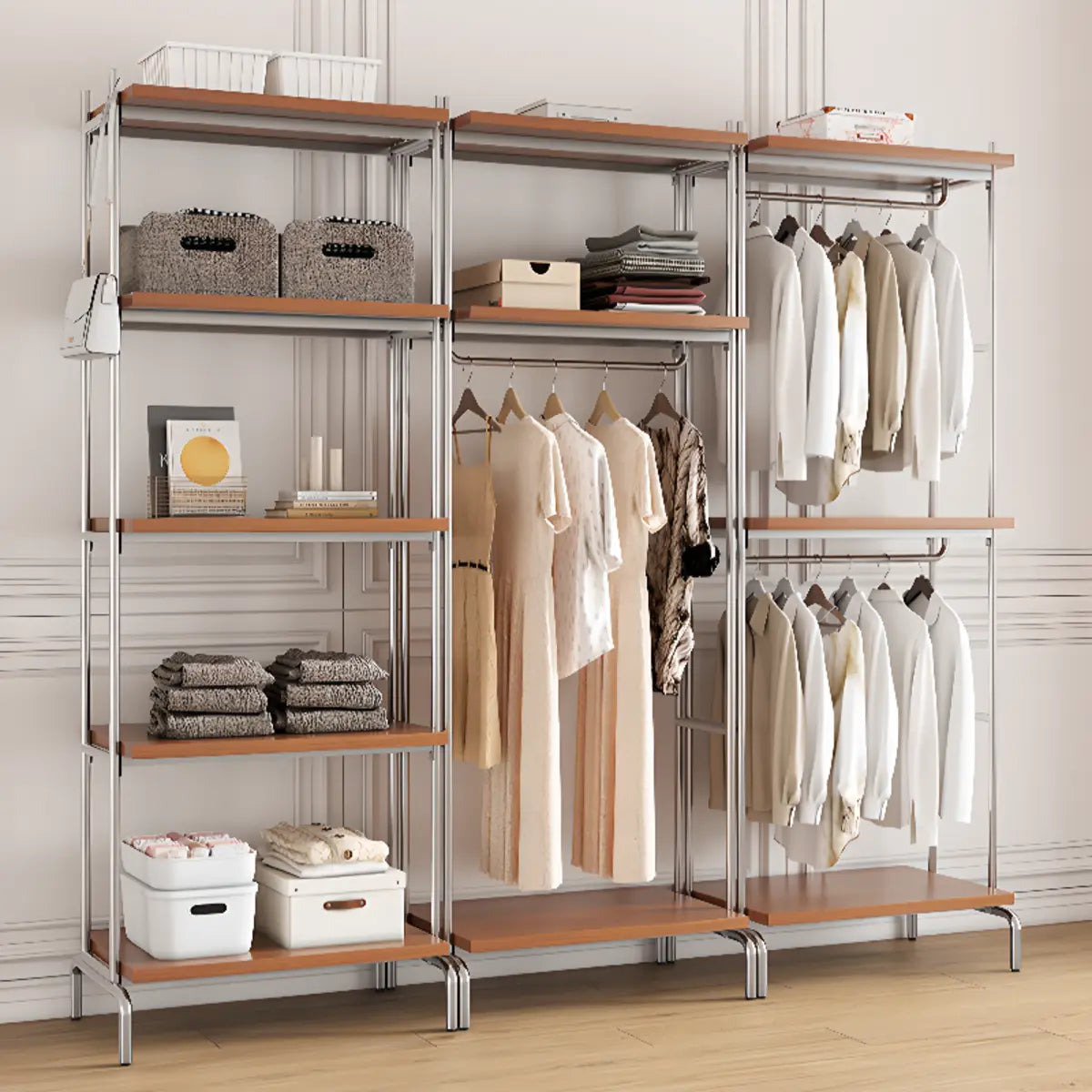 Versatile Metal and Wood Brown Drawers Shelves Coat Rack Image - 20