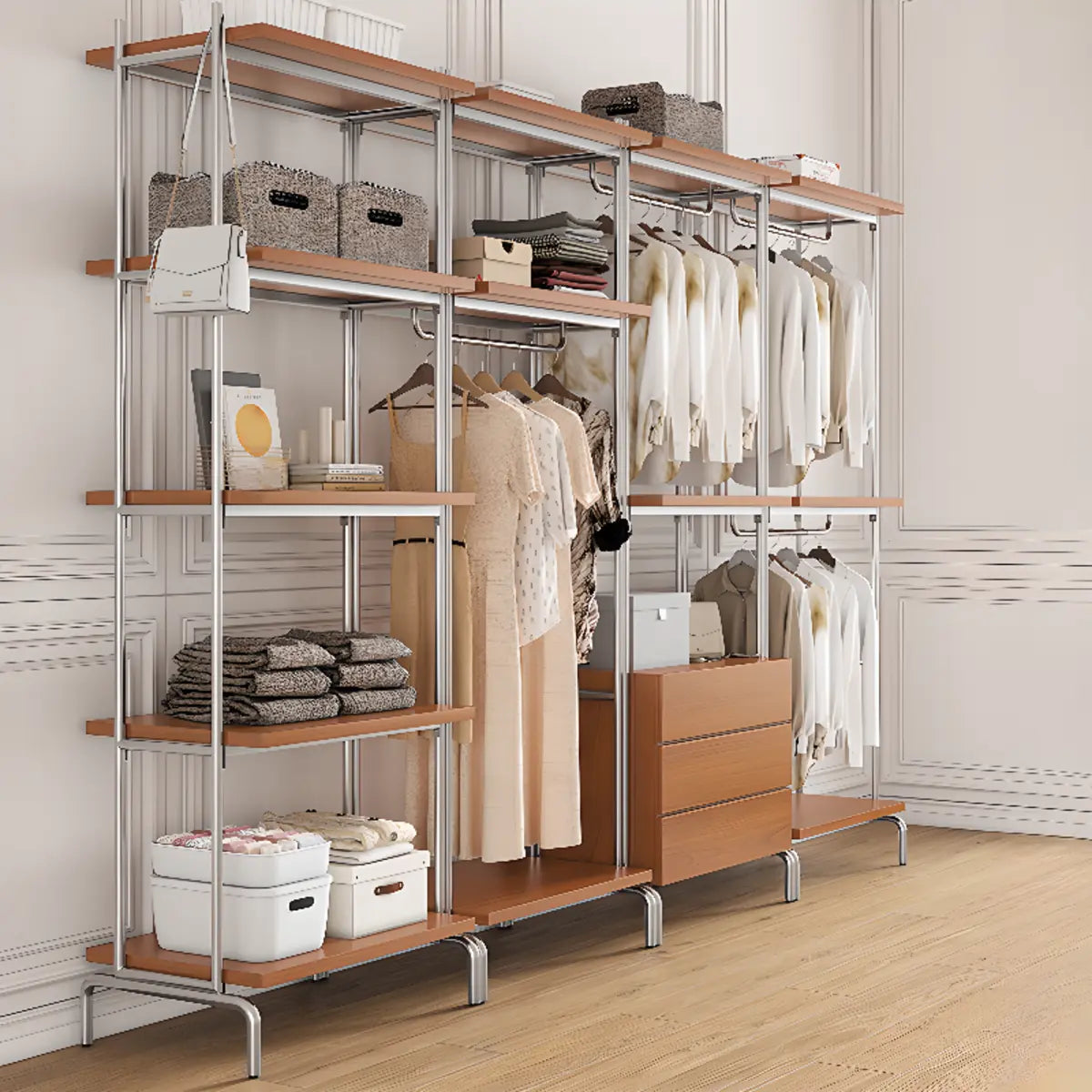 Versatile Metal and Wood Brown Drawers Shelves Coat Rack Image - 6