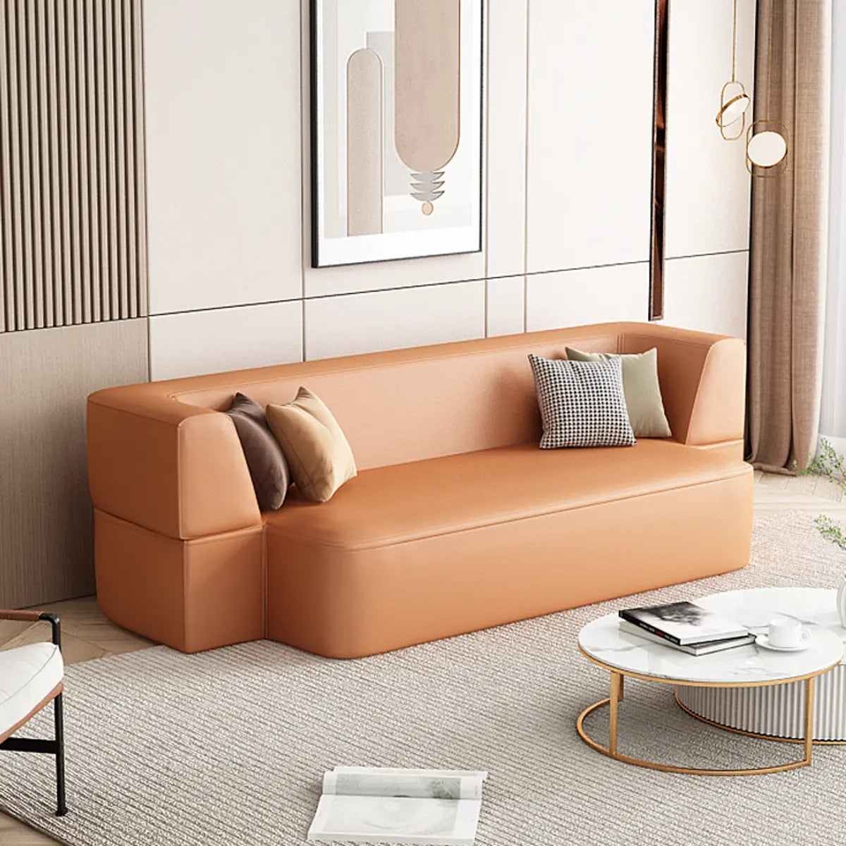 Versatile Orange Full Leather Futon Sofa with Arms Image - 1