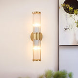 Vertical Gold Ribbed Glass Vanity Wall Sconce Light Image - 2