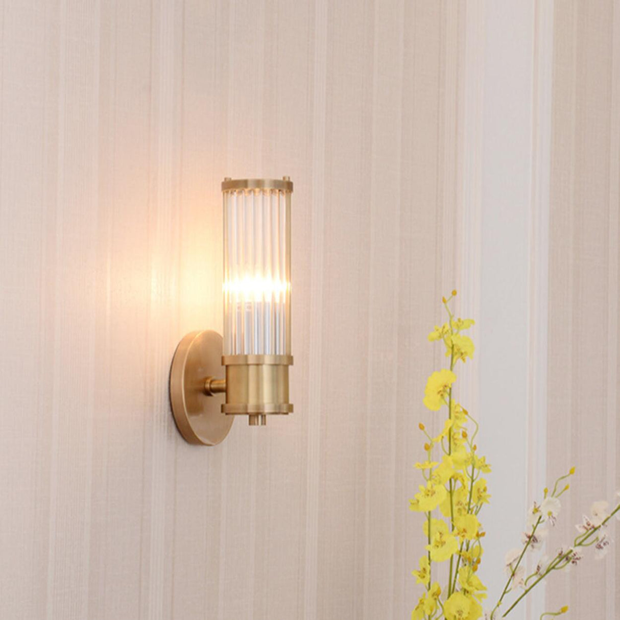 Vertical Gold Ribbed Glass Vanity Wall Sconce Light Image - 6