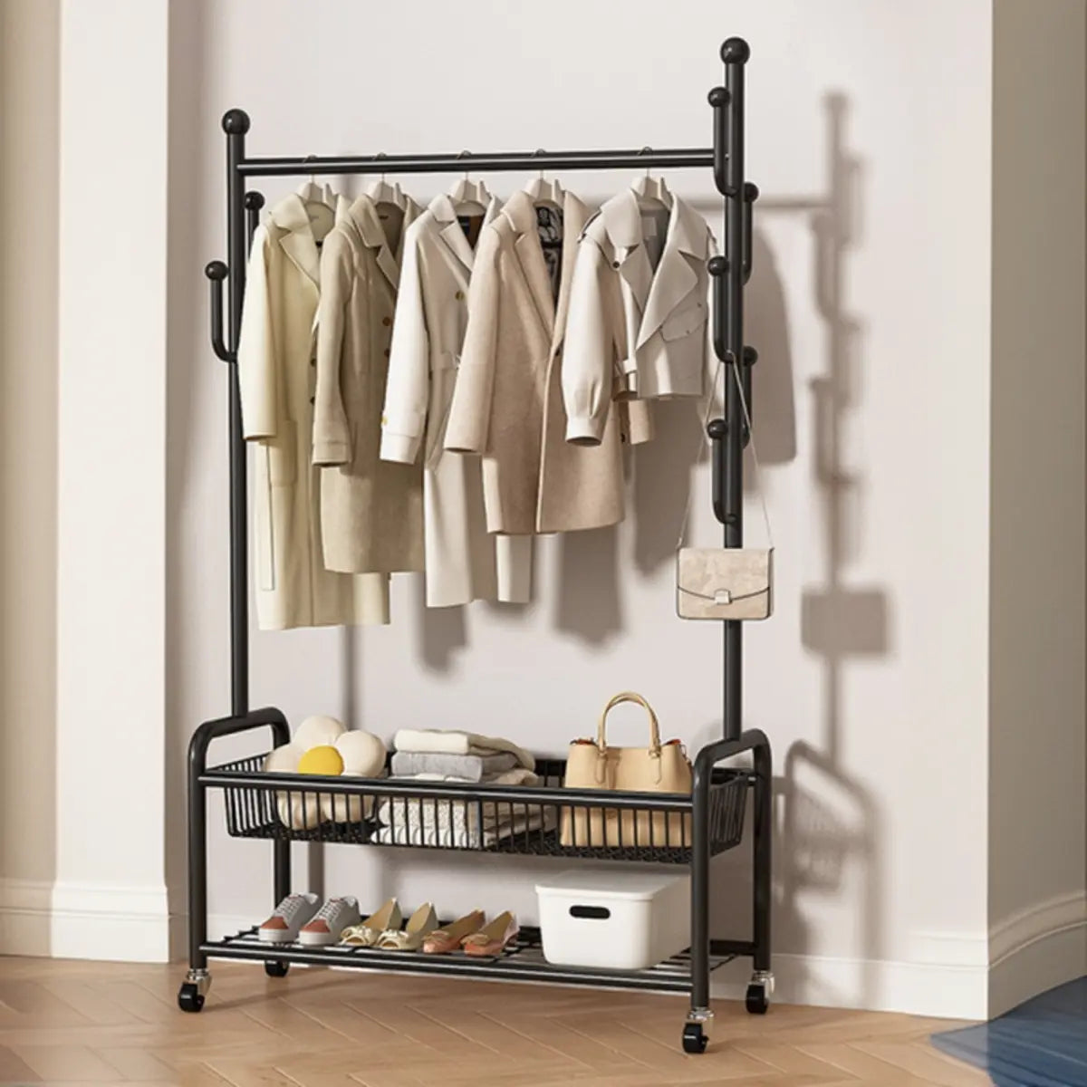 Vertical Metal Open Storage Black Organizer Rack with Basket Image - 13