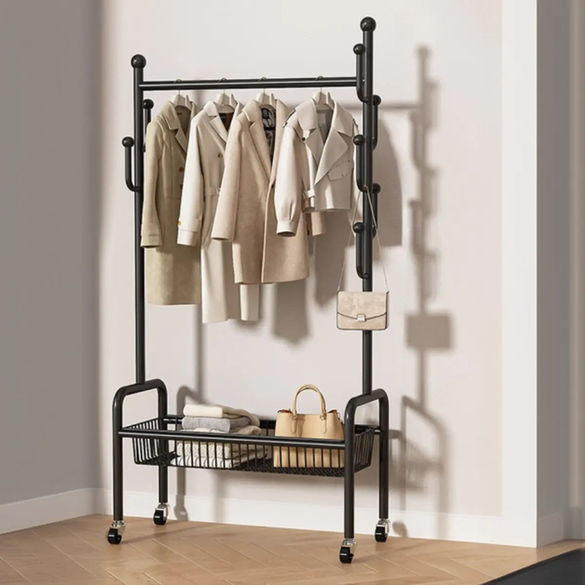 Vertical Metal Open Storage Black Organizer Rack with Basket Image - 16