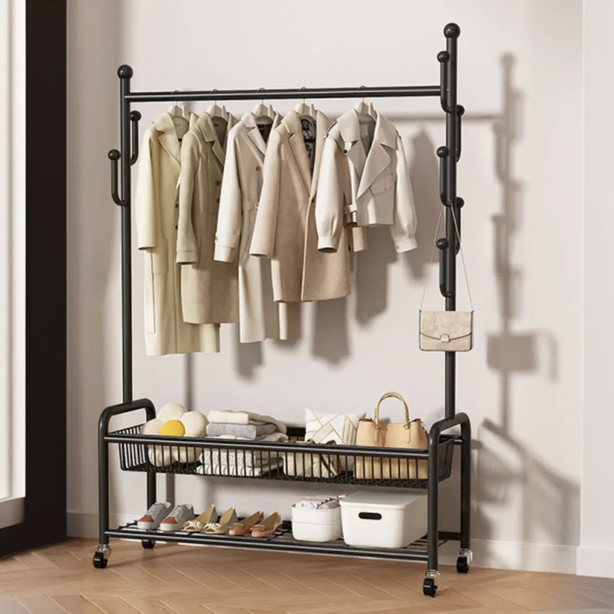 Vertical Metal Open Storage Black Organizer Rack with Basket Image - 19