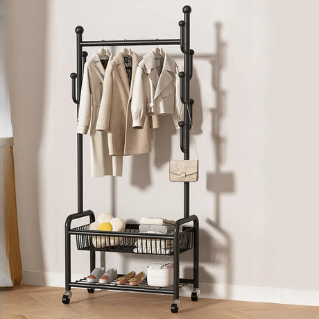 Vertical Metal Open Storage Black Organizer Rack with Basket Image - 2