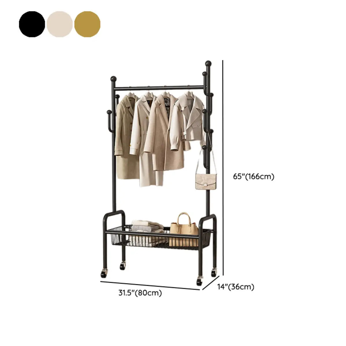 Vertical Metal Open Storage Black Organizer Rack with Basket Image - 31