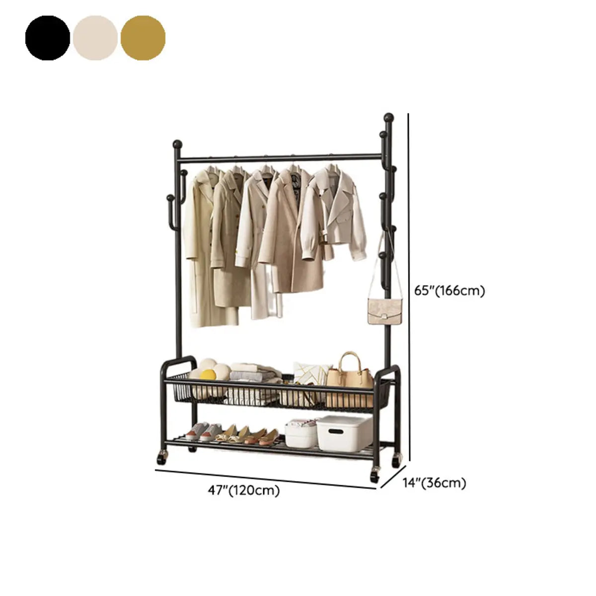 Vertical Metal Open Storage Black Organizer Rack with Basket Image - 35