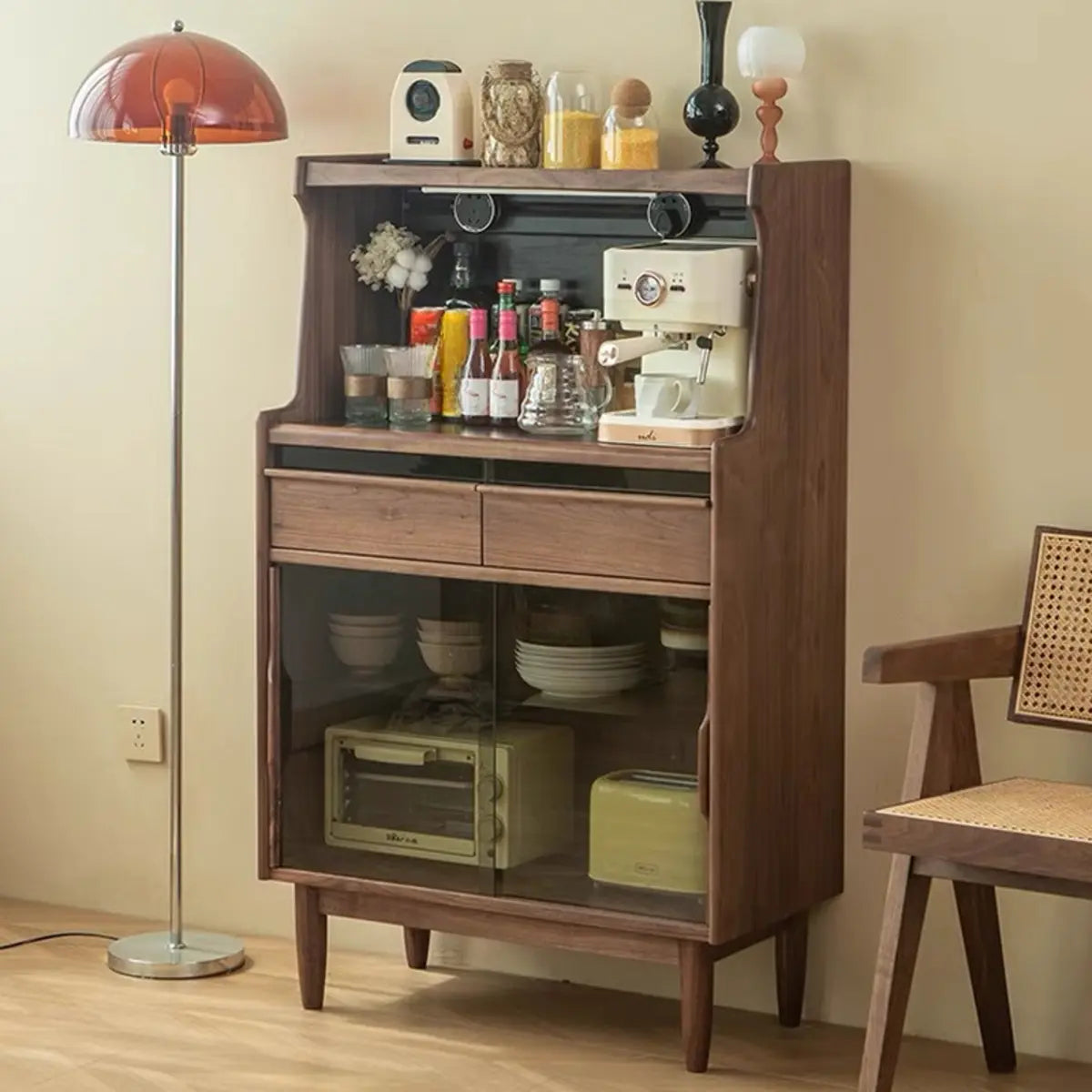 Vertical Walnut Stone Open Storage Buffet with Cabinet Image - 1