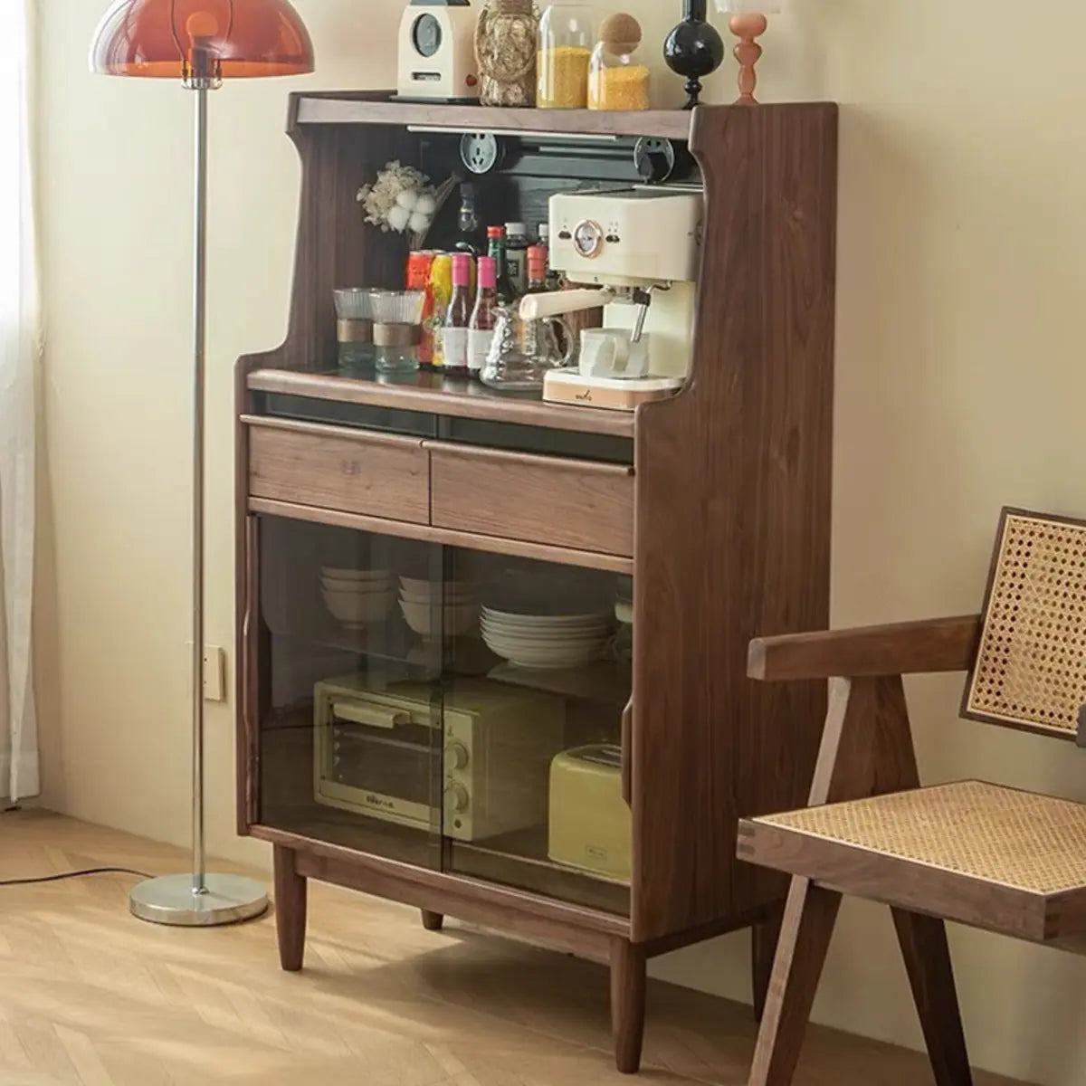 Vertical Walnut Stone Open Storage Buffet with Cabinet Image - 3