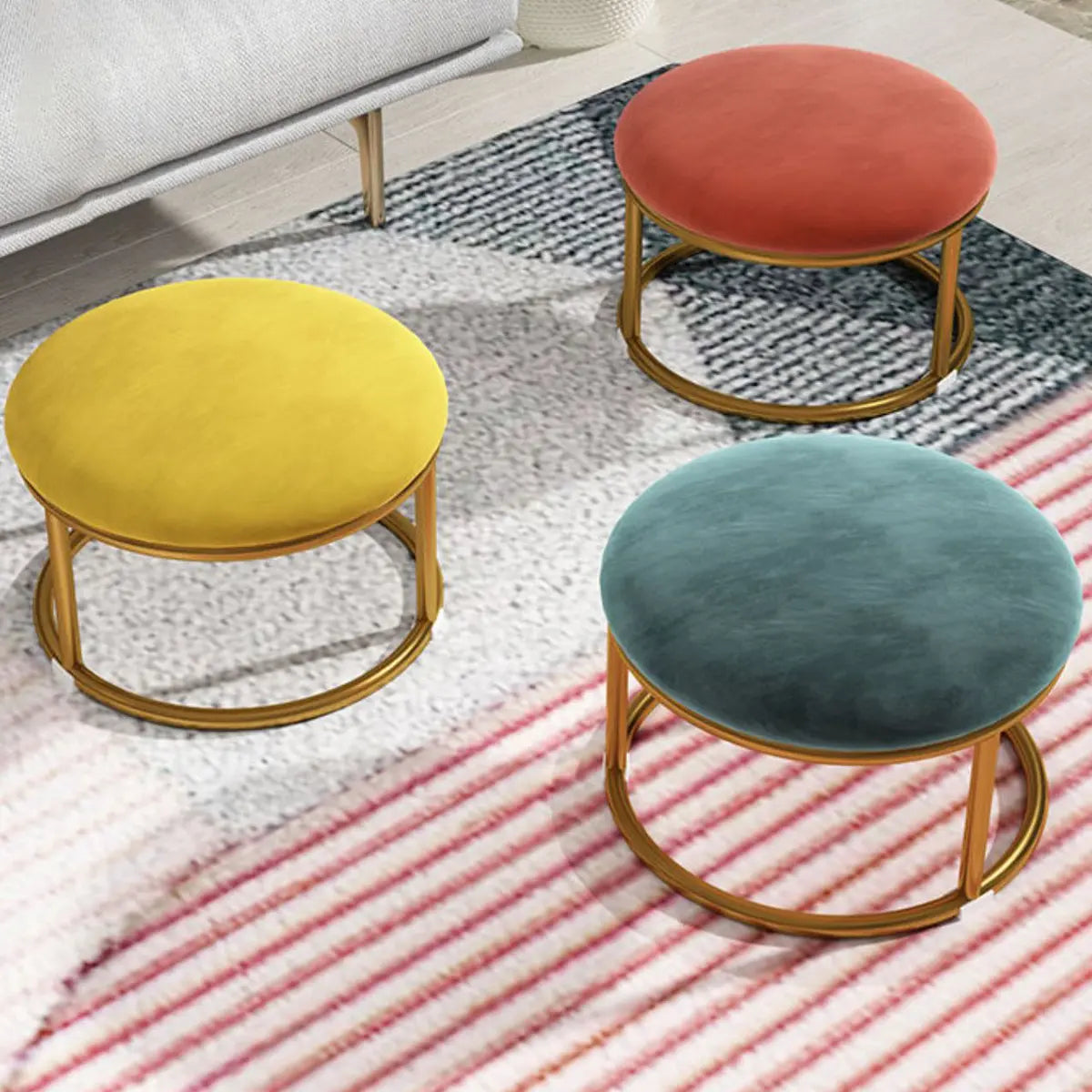 Vibrant Round Flannel Seating Stool Metal Ottomans Image - 4