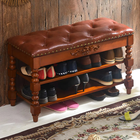 Victorian Brown Faux Leather Cherry Wood Entryway Bench Image - 1