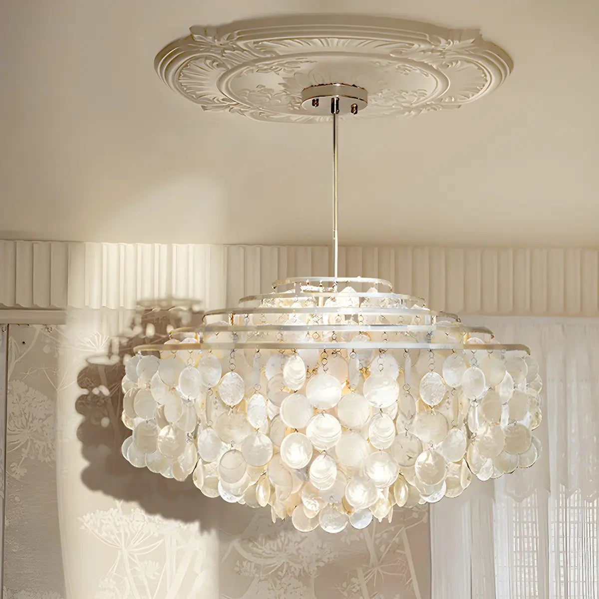 Victorian Elegant Raindrop Shell Tiered White Chandelier Image - 1