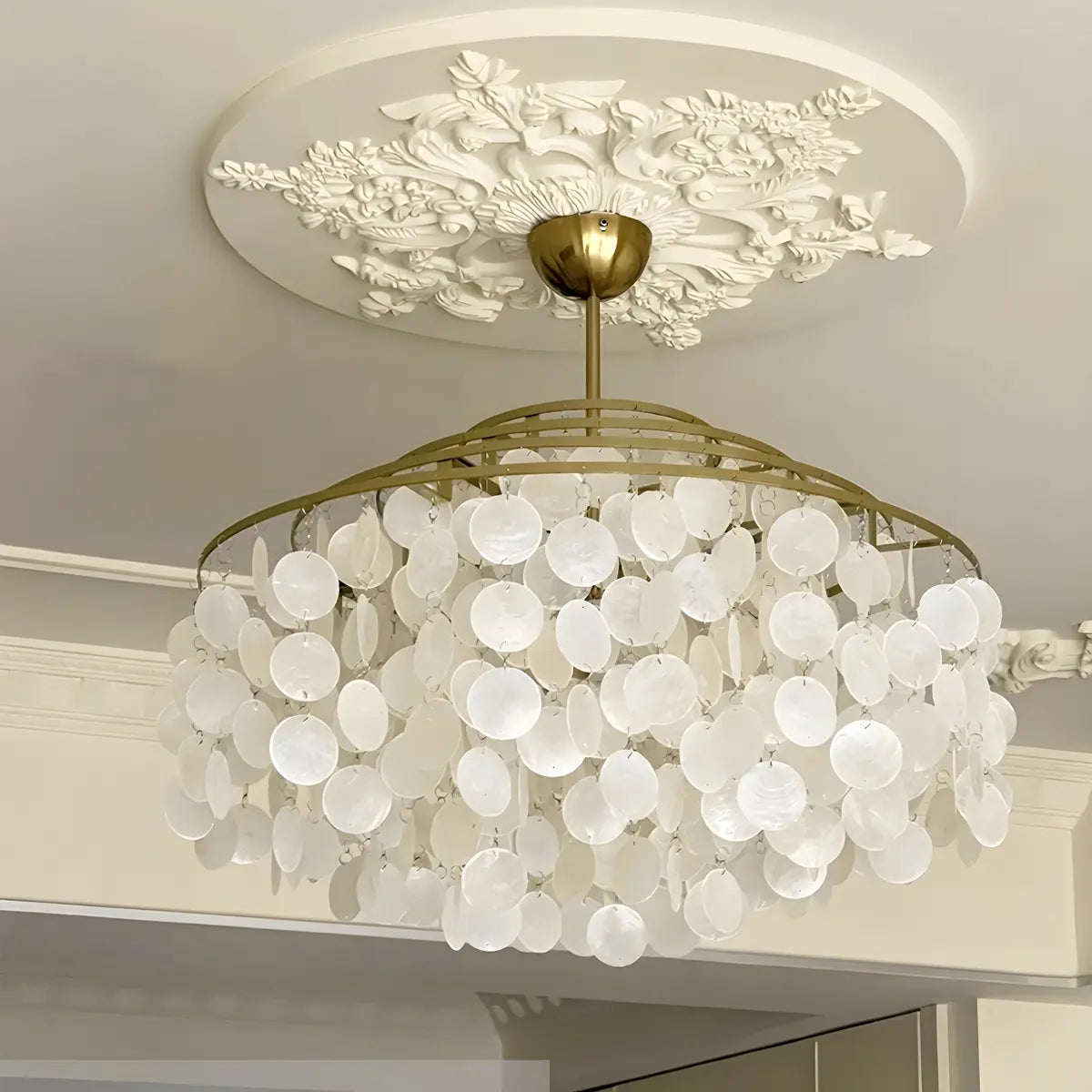 Victorian Elegant Raindrop Shell Tiered White Chandelier Image - 6