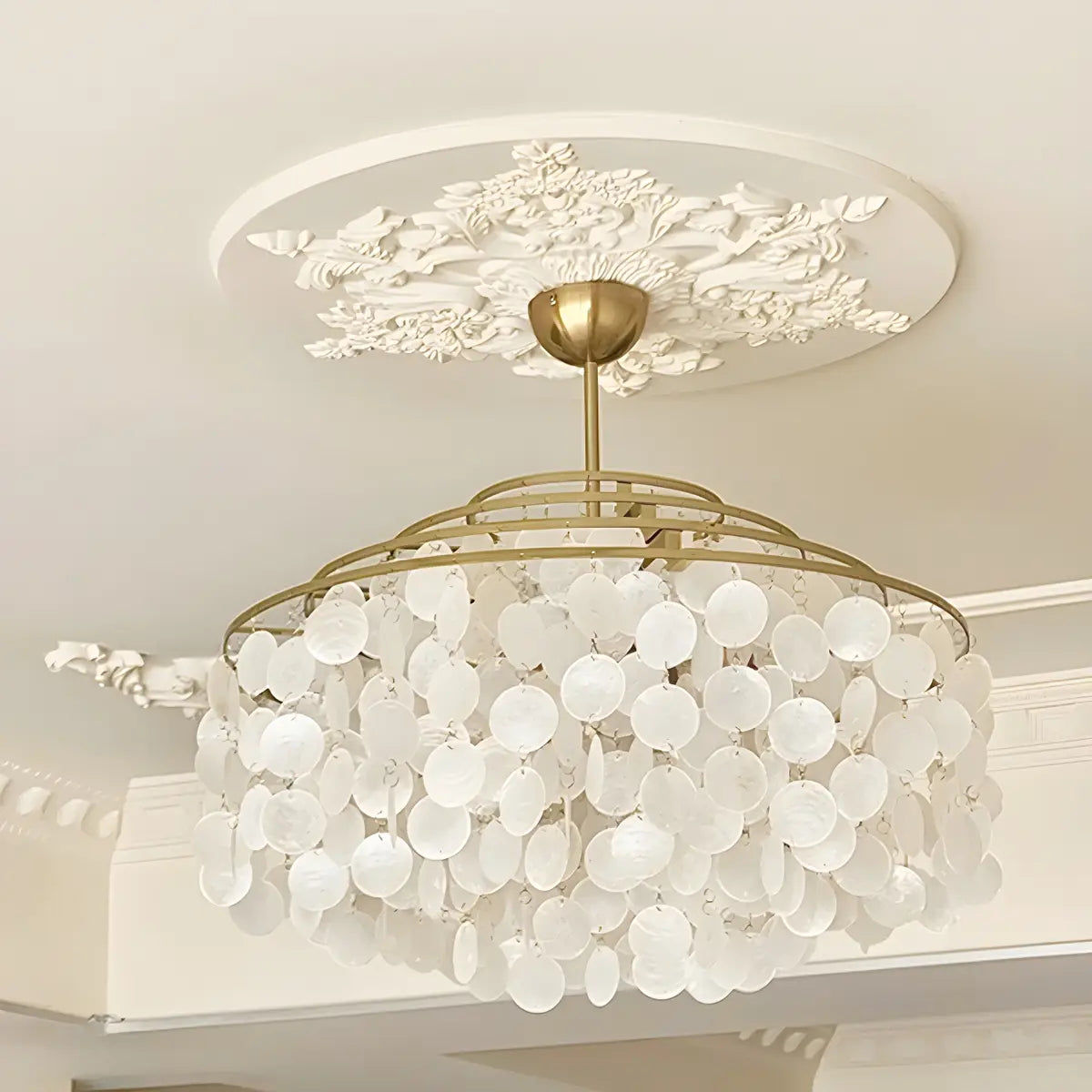 Victorian Elegant Raindrop Shell Tiered White Chandelier Image - 8