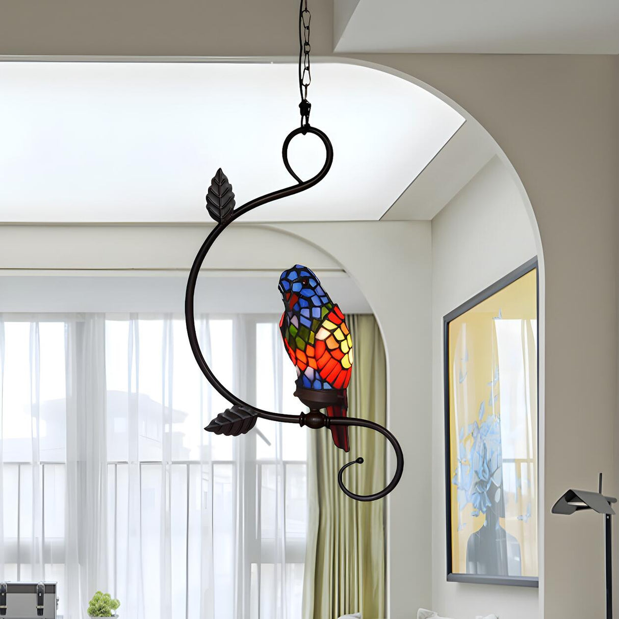 Victorian Stained Glass Colorful Parrot Pendant Light Image - 2