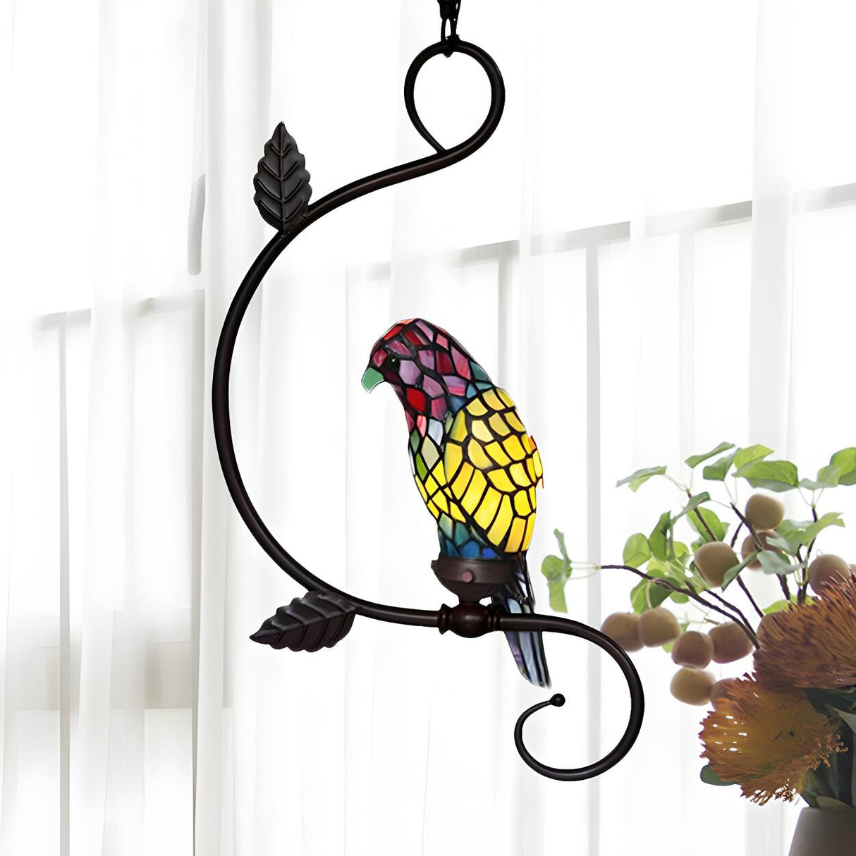 Victorian Stained Glass Colorful Parrot Pendant Light Image - 4