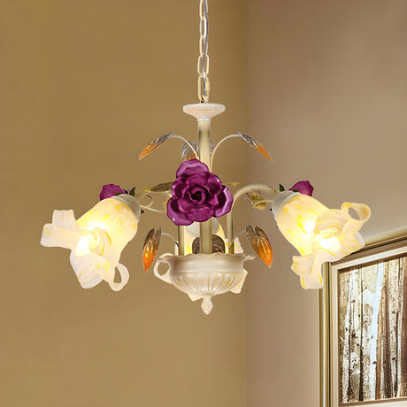 Vinatge White and Purple Floral Glass Dining Room Chandelier Image - 1