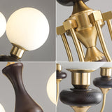 Vintage 6-Light Brass and Wood Glass Globe Chandelier Image - 10