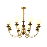 Vintage 6-Light Brass and Wood Glass Globe Chandelier Image - 5