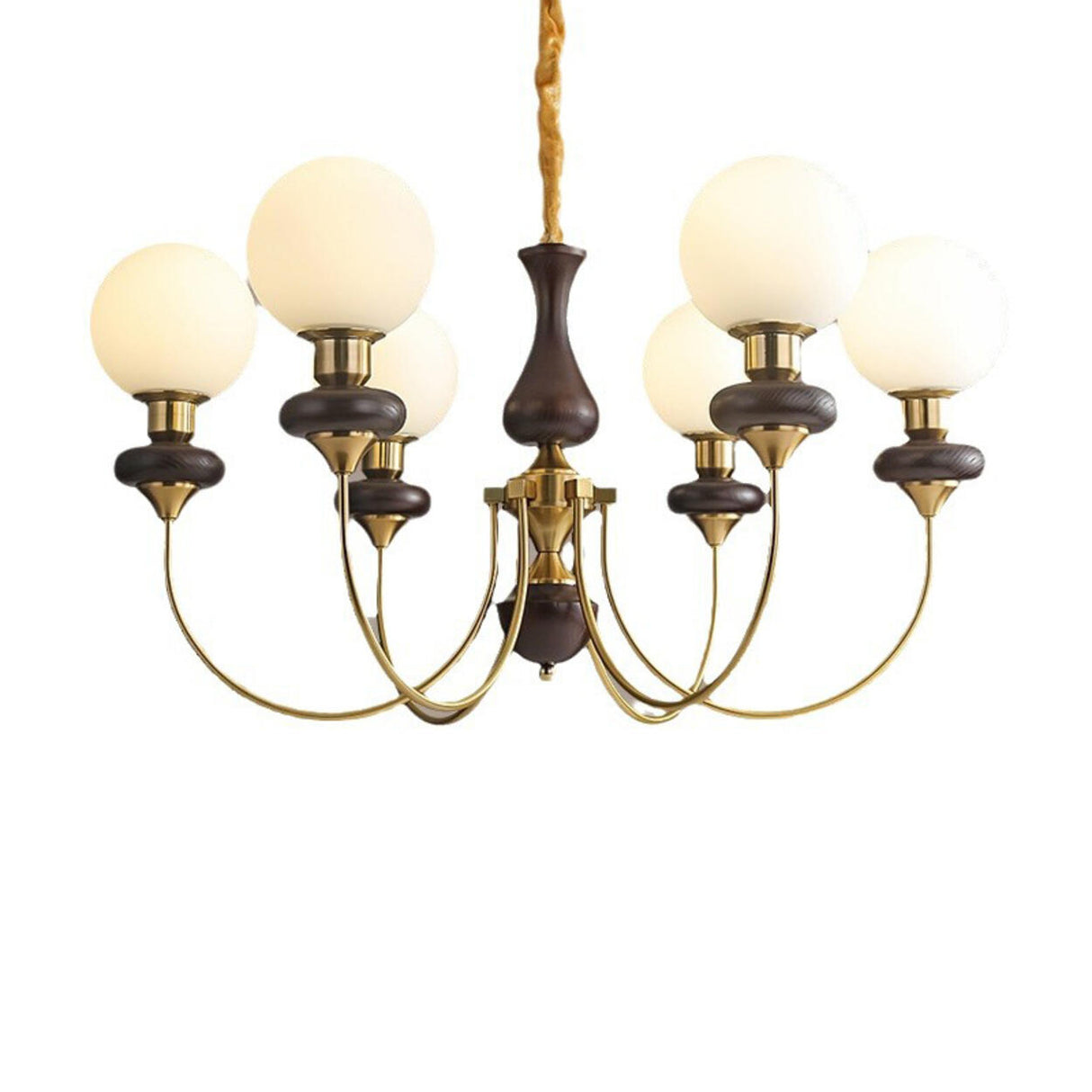 Vintage 6-Light Brass and Wood Glass Globe Chandelier Image - 8