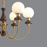 Vintage 6-Light Brass and Wood Glass Globe Chandelier Image - 9