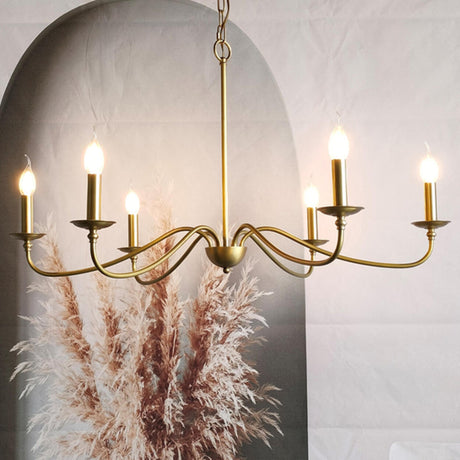 Vintage 6-Light Brass Candle Chandelier Adjustable Height Image - 1