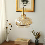 Vintage Amber Glass Industrial Bell Pendant Light Image - 7