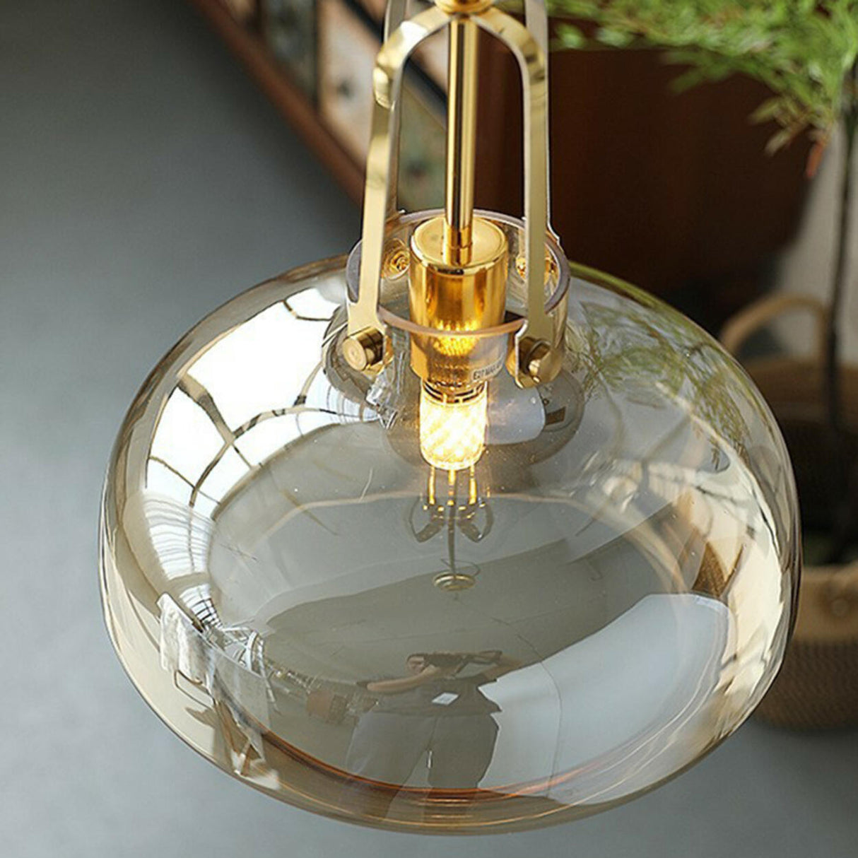 Vintage Amber Glass Industrial Bell Pendant Light Image - 8