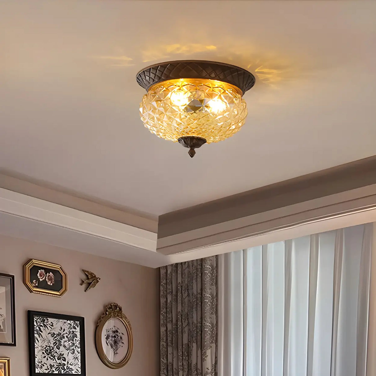 Vintage Amber Walnut Glass Flush Mount Ceiling Light Image - 4