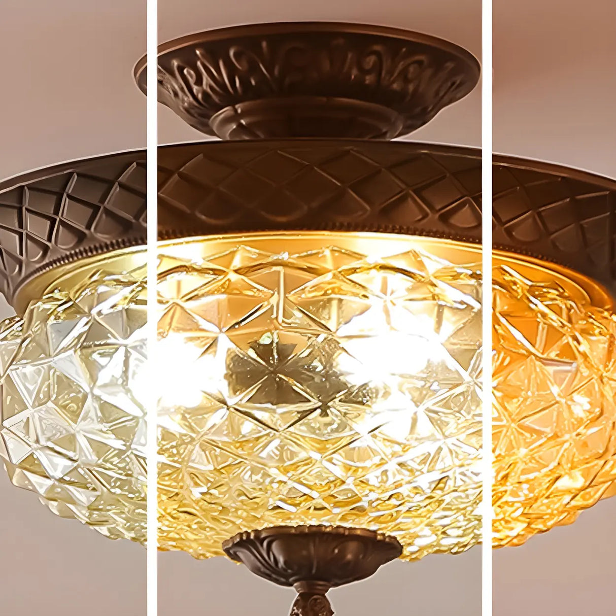 Vintage Amber Walnut Glass Flush Mount Ceiling Light Image - 9