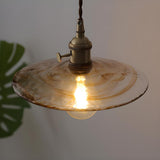 Vintage Antique Brass Cognac Clear Glass Cone Pendant Light Image - 6