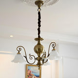 Vintage Antique Brass Frosted Glass Flower Chandelier Image - 4