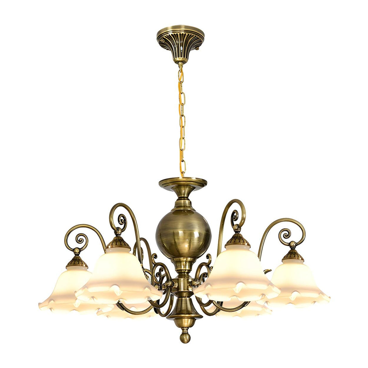 Vintage Antique Brass Frosted Glass Flower Chandelier Image - 7