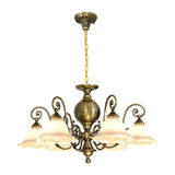 Vintage Antique Brass Frosted Glass Flower Chandelier Image - 7