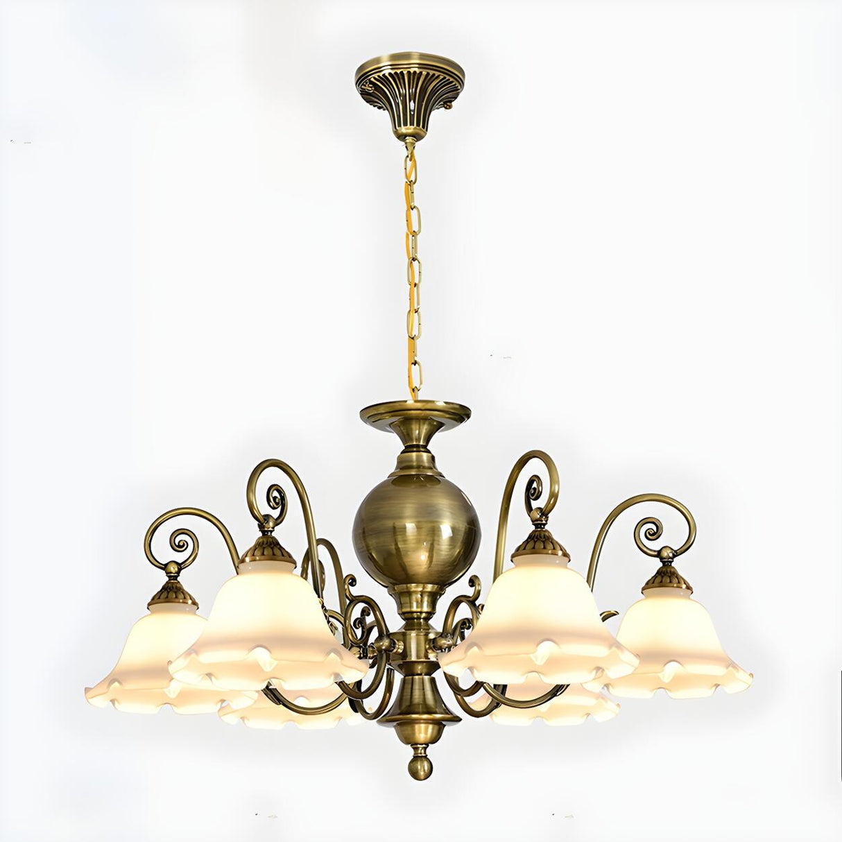 Vintage Antique Brass Frosted Glass Flower Chandelier Image - 9