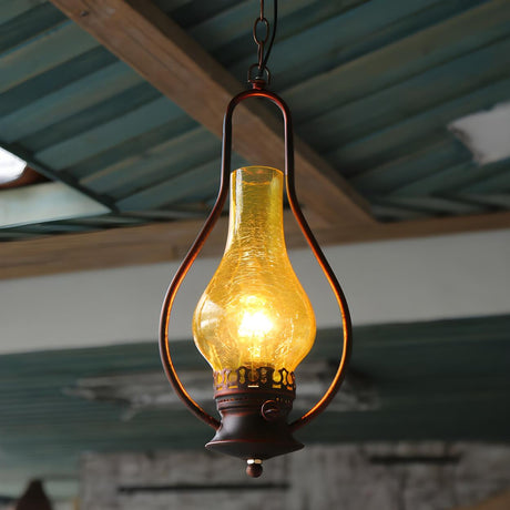 Vintage Antique Copper Amber Glass Lantern Pendant Light Image - 1