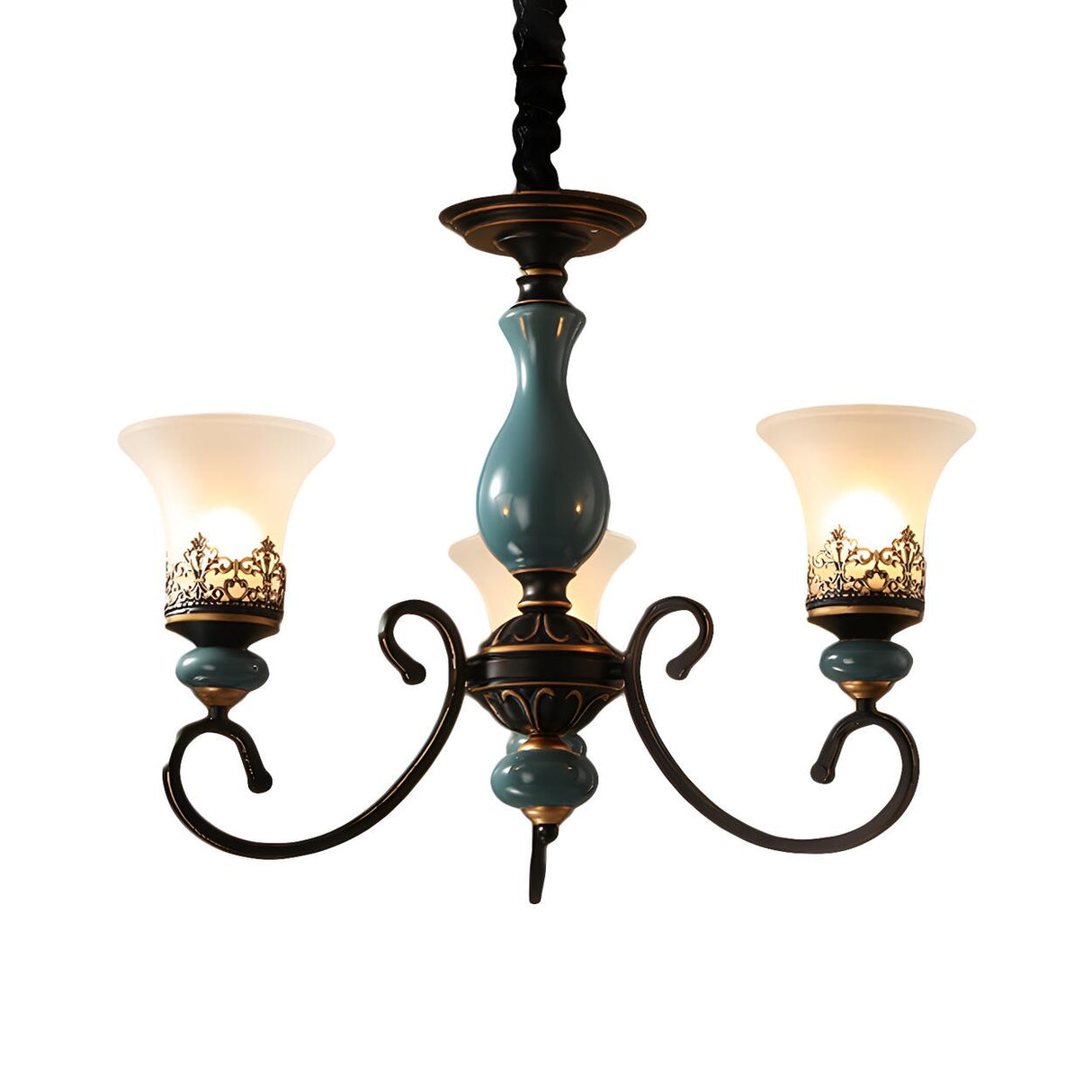 Vintage Bedroom Bronze and Blue Ceramic Bell Chandelier Image - 3