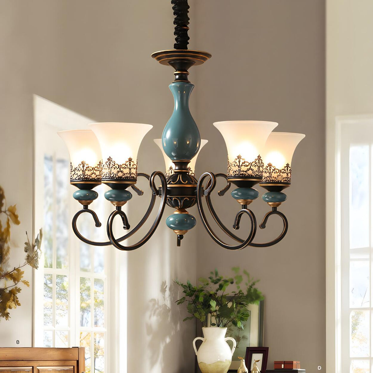 Vintage Bedroom Bronze and Blue Ceramic Bell Chandelier Image - 4