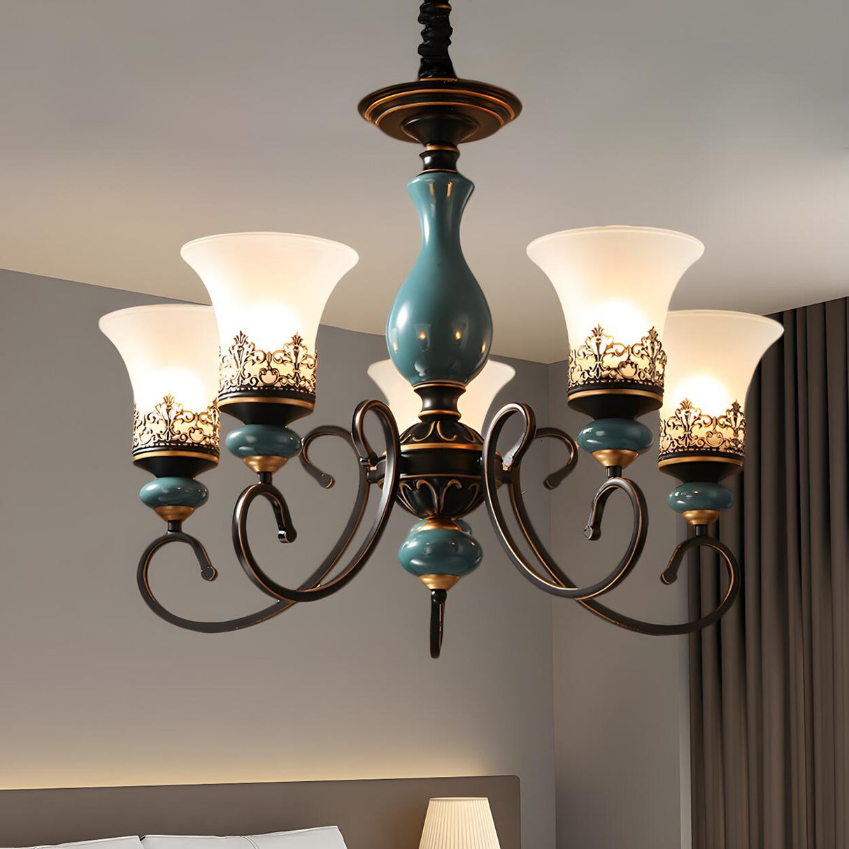 Vintage Bedroom Bronze and Blue Ceramic Bell Chandelier Image - 5