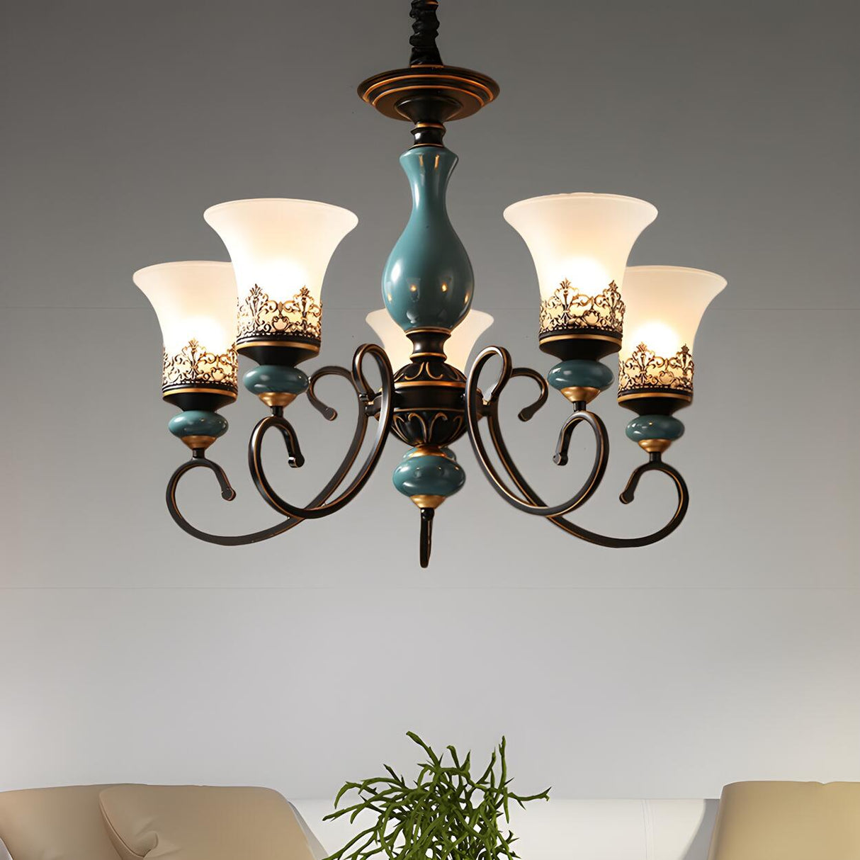 Vintage Bedroom Bronze and Blue Ceramic Bell Chandelier Image - 6