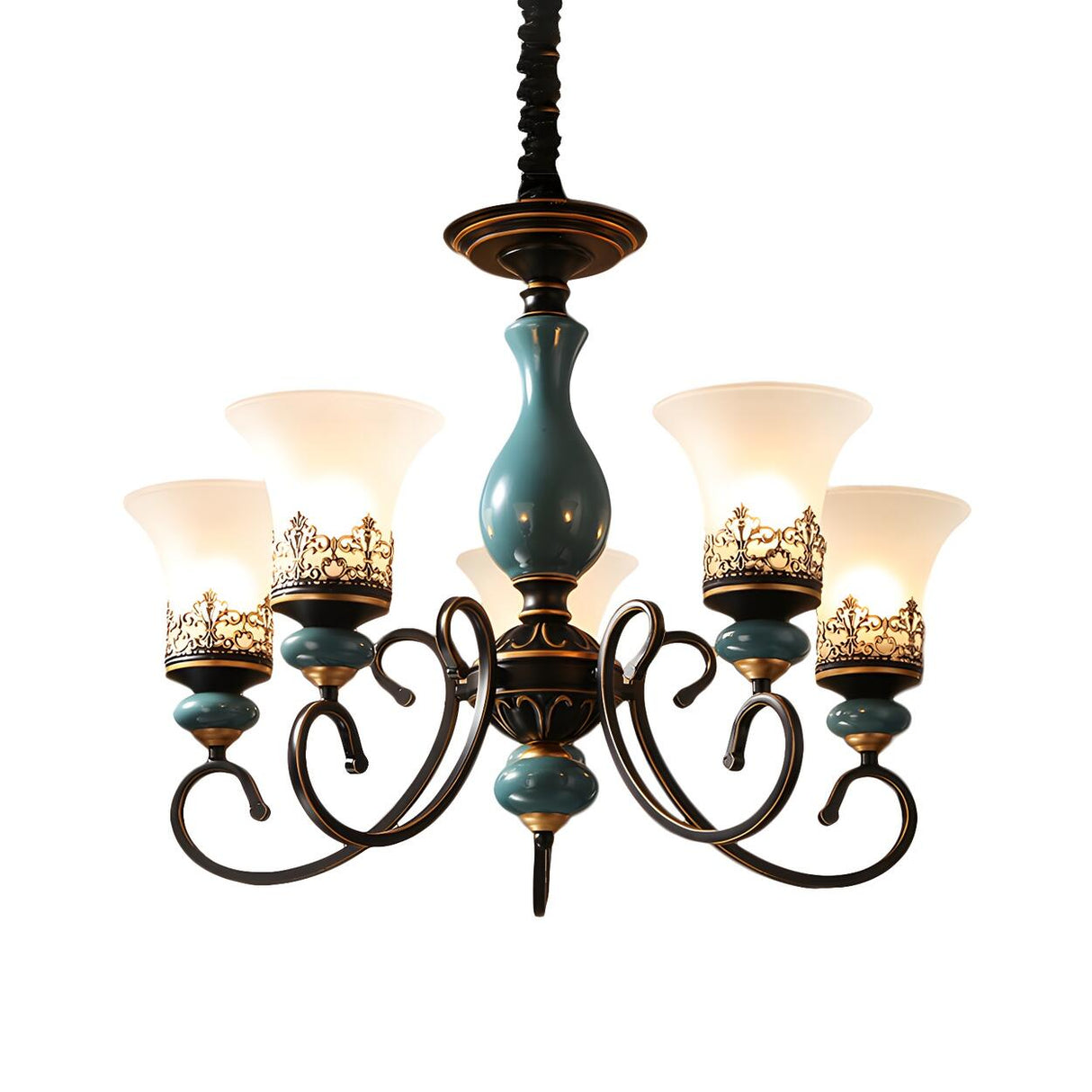 Vintage Bedroom Bronze and Blue Ceramic Bell Chandelier Image - 7