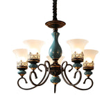 Vintage Bedroom Bronze and Blue Ceramic Bell Chandelier Image - 7