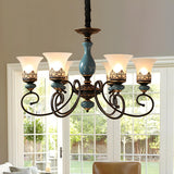 Vintage Bedroom Bronze and Blue Ceramic Bell Chandelier Image - 8