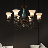 Vintage Bedroom Bronze and Blue Ceramic Bell Chandelier Image - 9